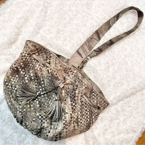 Elliott Lucca Snakeskin Embossed Leather Weave Bucket Hobo Shoulder Purse - Picture 5 of 13